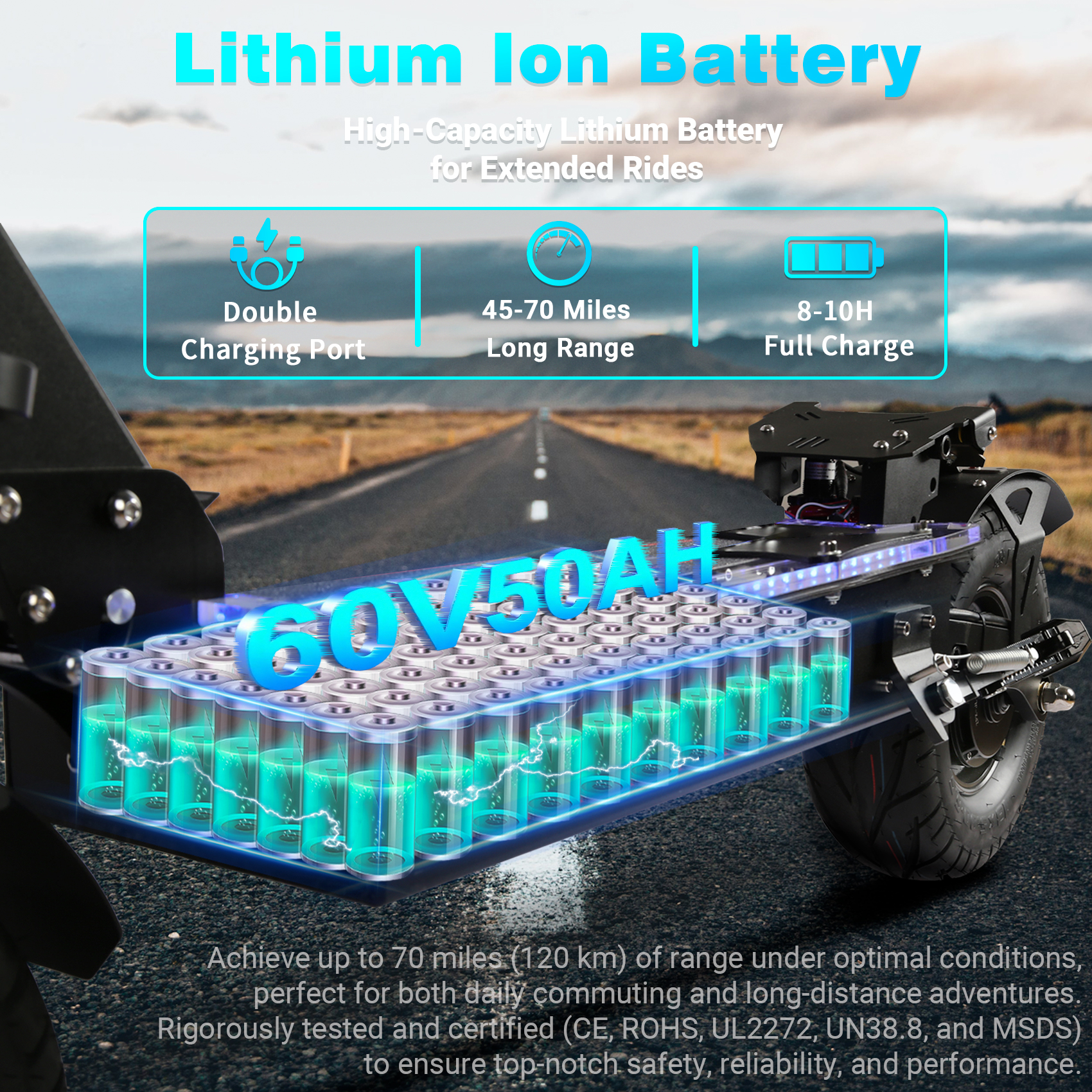 TOURSOR X13-60V Electric Scooter Dual Drive 60V 50AH 10,000W Motor 65 MPH Speed 70 Mile Range 13" Road Tires