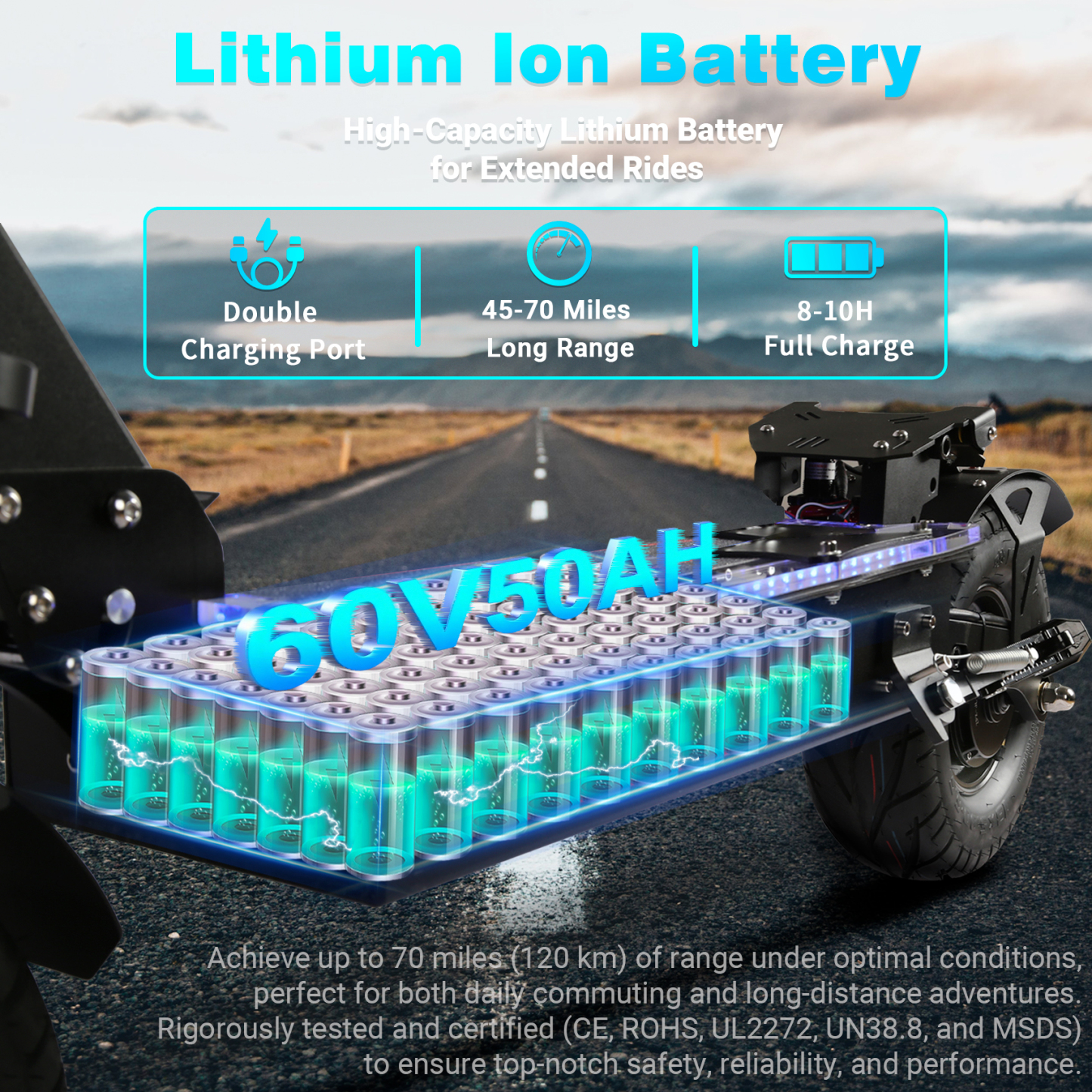 TOURSOR X13-60V Electric Scooter Dual Drive 60V 50AH 10,000W Motor 65 MPH Speed 70 Mile Range 13" Road Tires