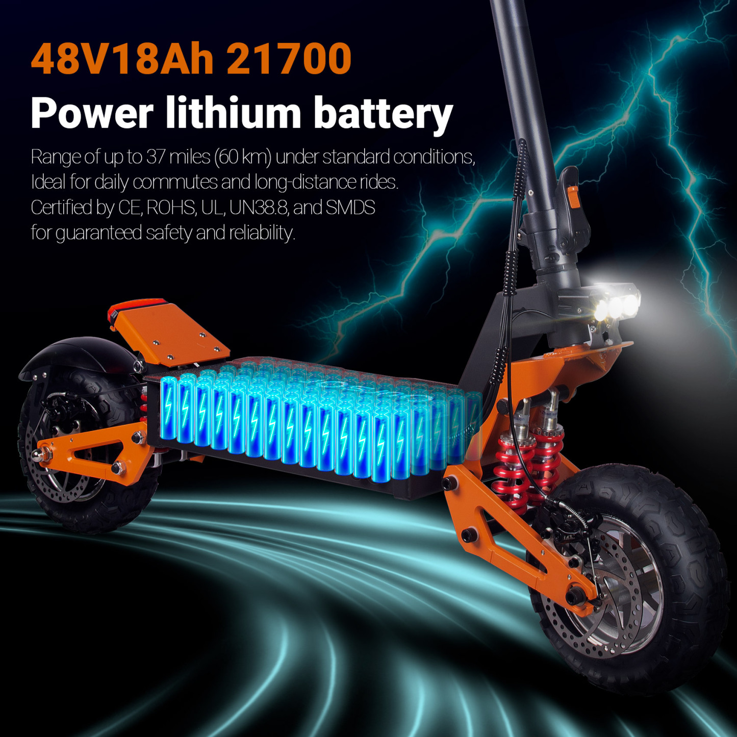 TOURSOR 48V 18Ah Electric Scooter 1200W Single Drive with 11" Off-Road Tires