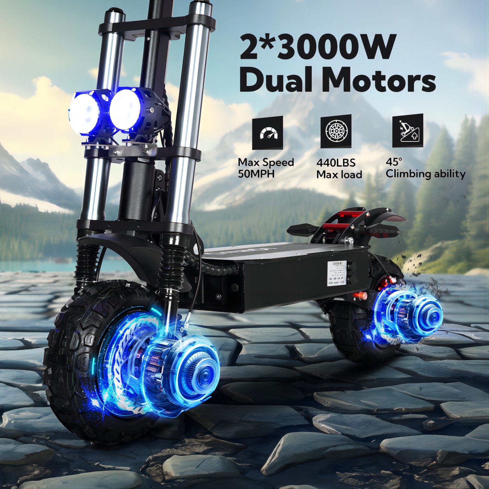 TOURSOR 60V 40Ah Electric Scooter 6000W Dual Power Maximum Speed 50MPH Driving Distance 50Miles