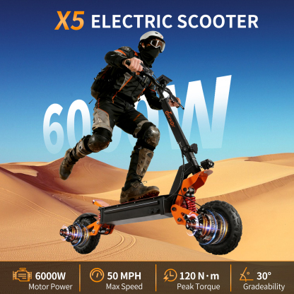 TOURSOR X5-60V 38Ah Electric Scooter 6000W Dual Power with 11” Off-Road Tires and LED Lights