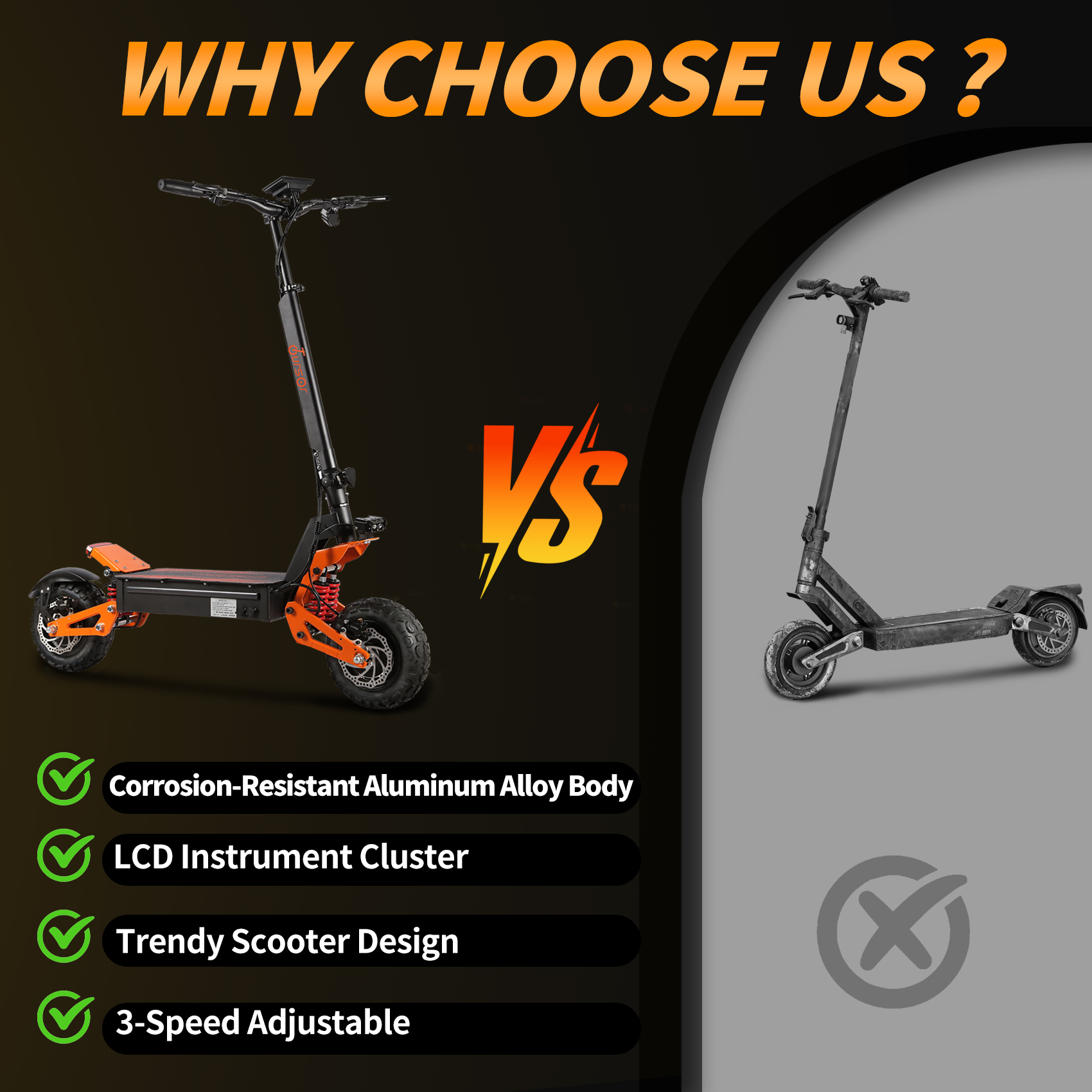 TOURSOR X5-60V 38Ah Electric Scooter 6000W Dual Power with 11” Off-Road Tires and LED Lights