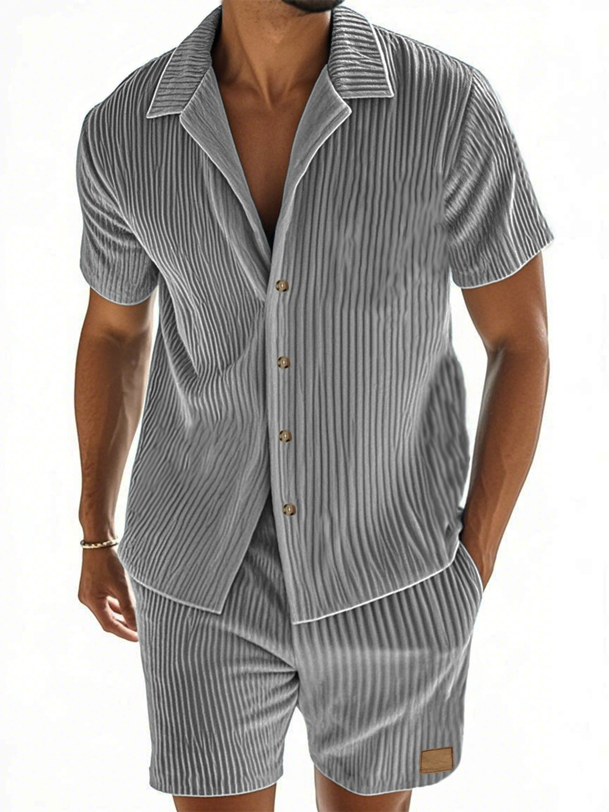 Men's Vertical Striped Texture Casual Short-sleeved Shirt and Shorts Two-piece Suit