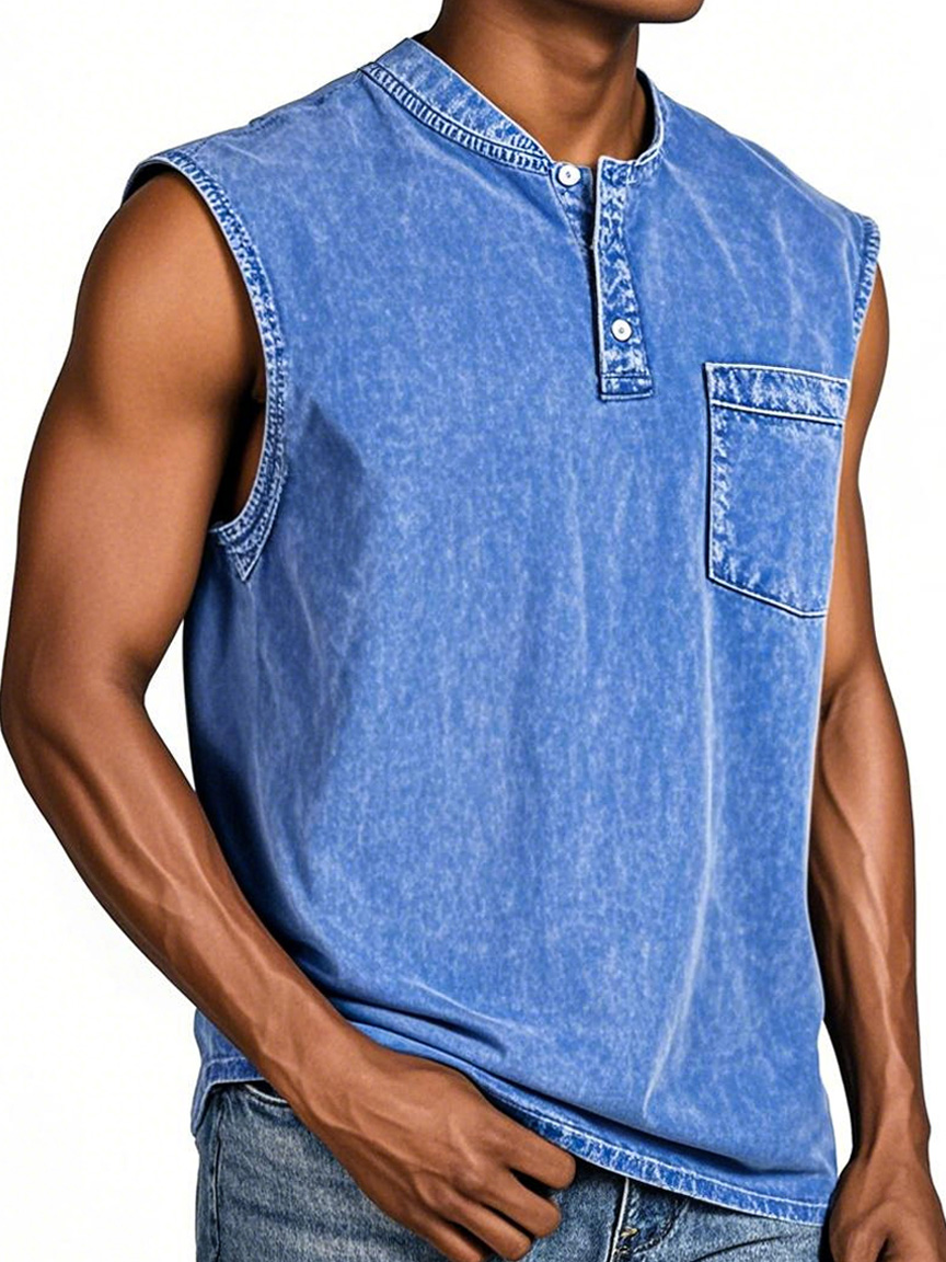 Men's Everyday Retro Solid Color Loose Sleeveless Henley Shirt