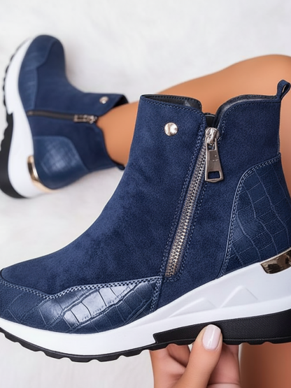 PU Patchwork Side Zipper Ankle Bootsies