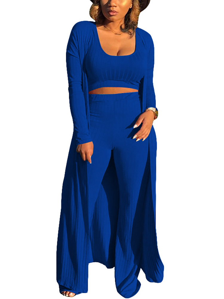Three Pieces Set Crop Top Long Kimono Cardigan Pants