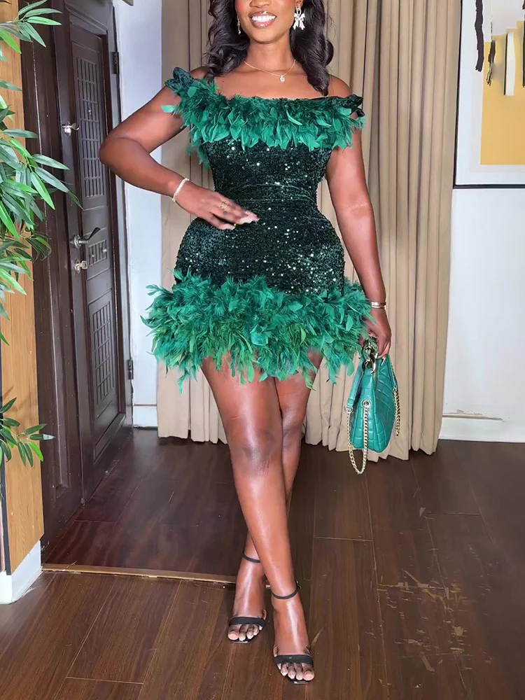 Sleeveless Feathers Sequin Party Mini Dress