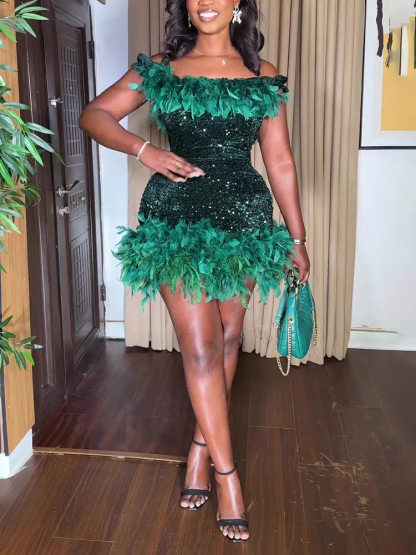 Sleeveless Feathers Sequin Party Mini Dress