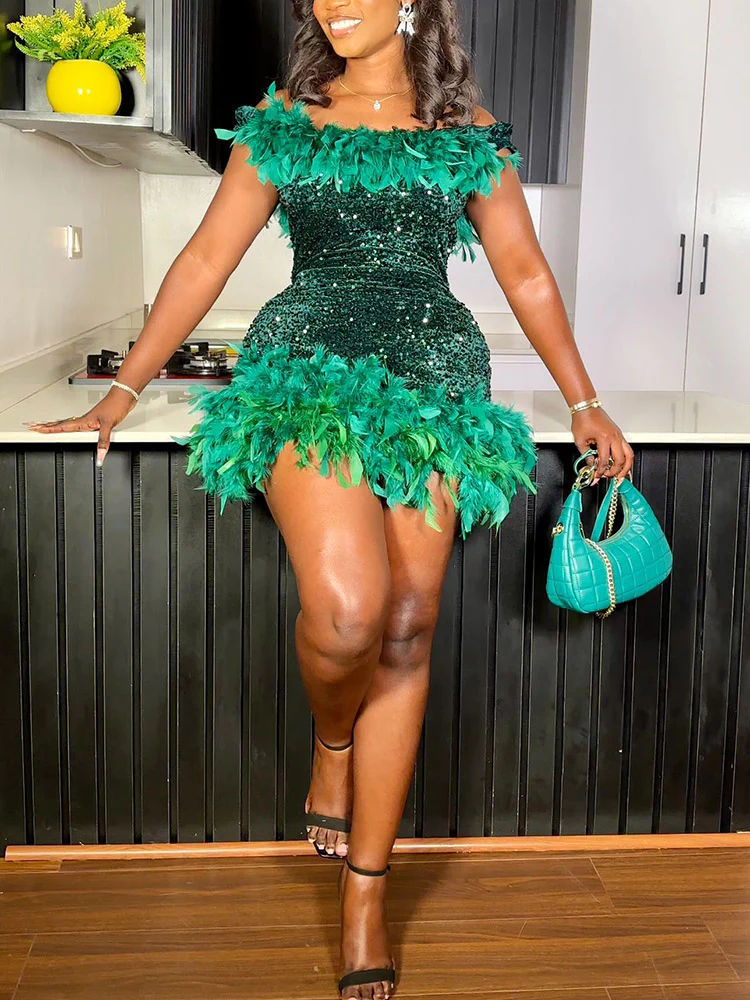 Sleeveless Feathers Sequin Party Mini Dress
