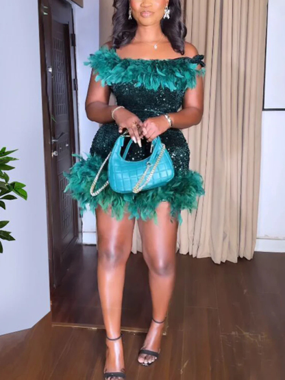 Sleeveless Feathers Sequin Party Mini Dress