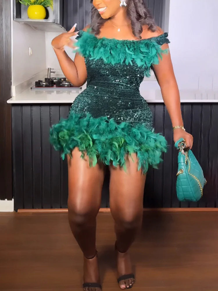 Sleeveless Feathers Sequin Party Mini Dress