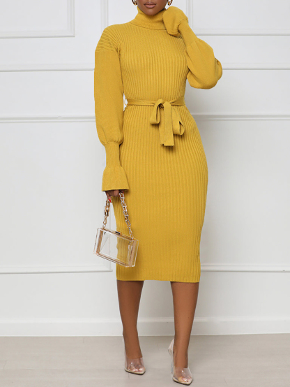 Ribbed Turtleneck Belted Knit Midi Dress