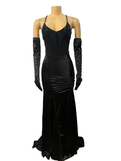 Sequin Pleated Lace-Up Slit Maxi Dress with Gloves