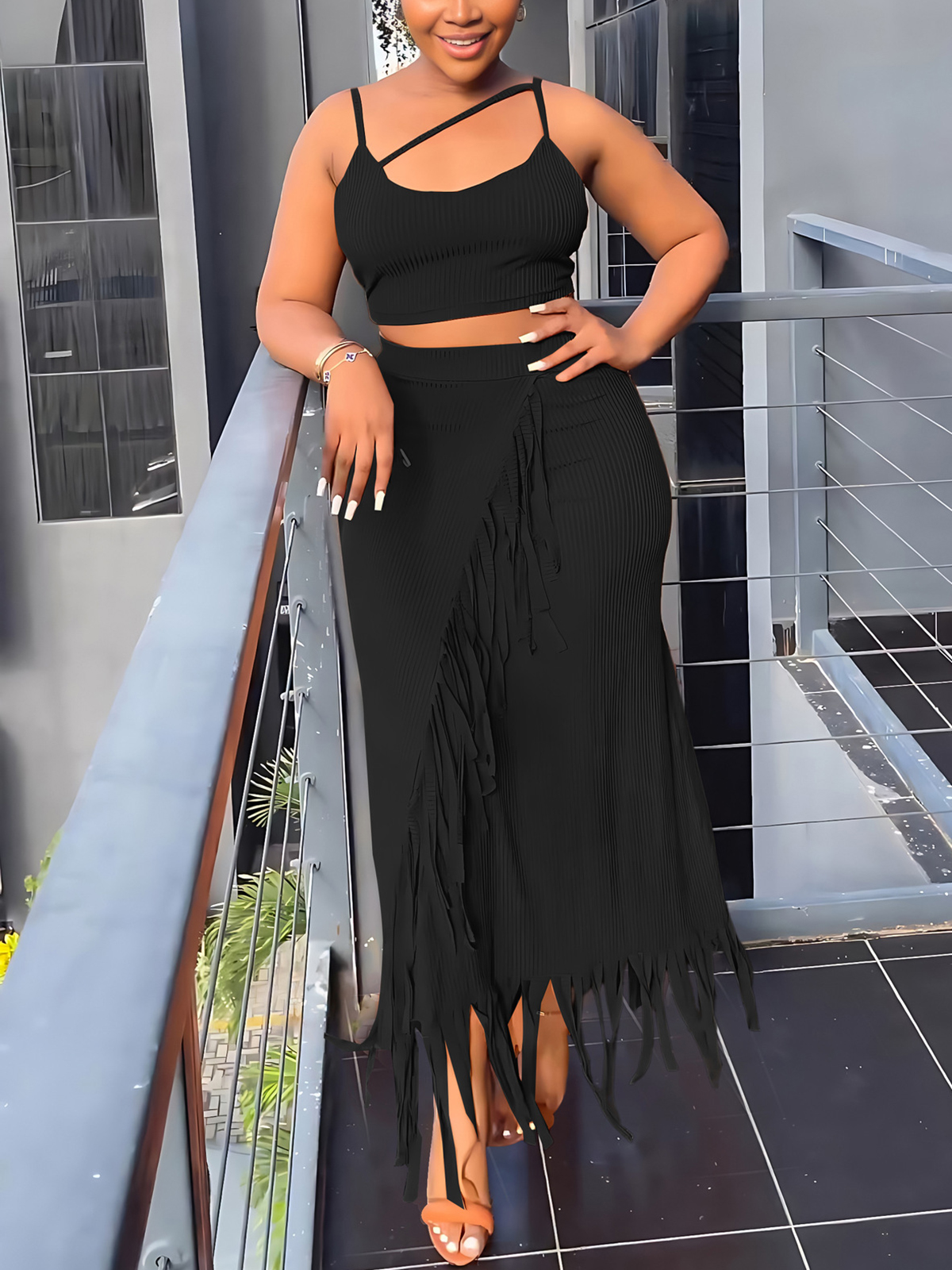 Sleeveless Strappy Waist-Baring Fringe Maxi Skirt Set
