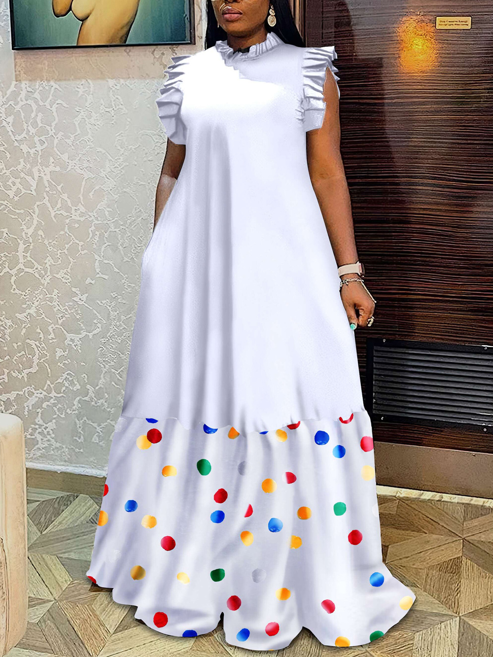 Sleeveless Ruffle Leopard Patchwork Maxi Dress