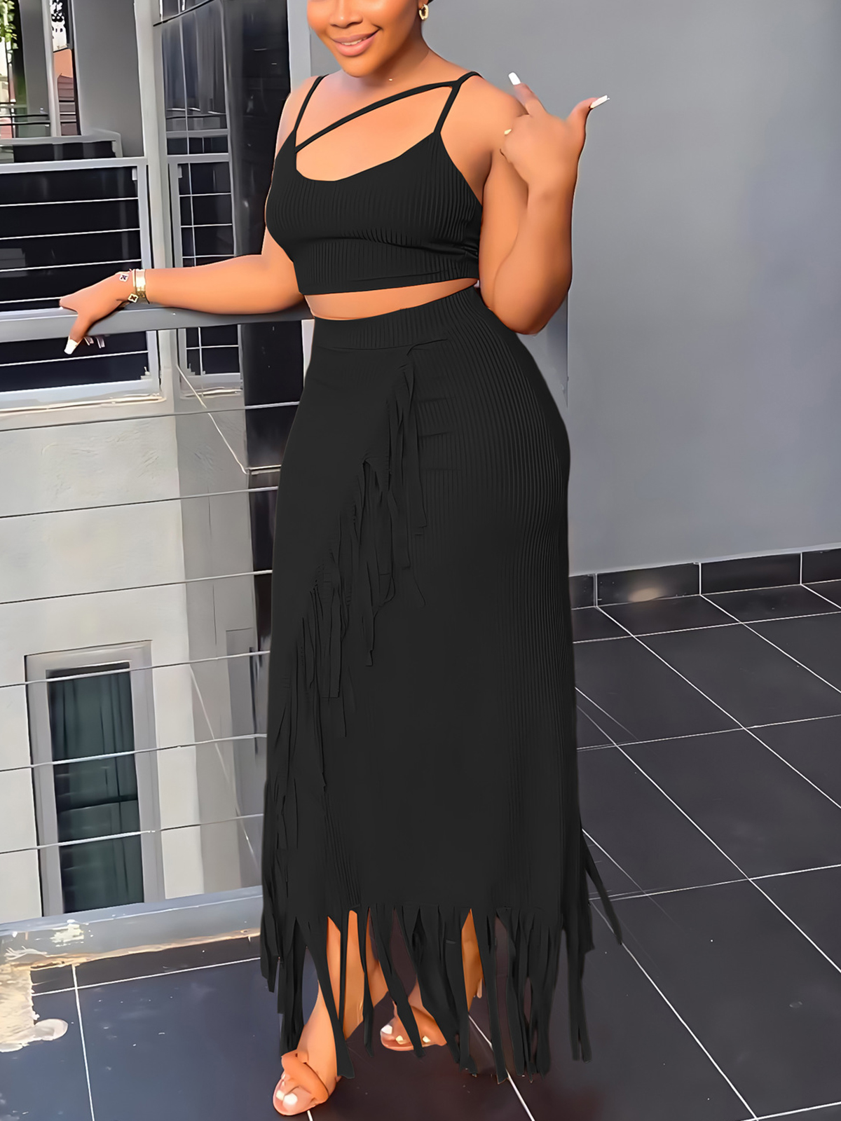 Sleeveless Strappy Waist-Baring Fringe Maxi Skirt Set