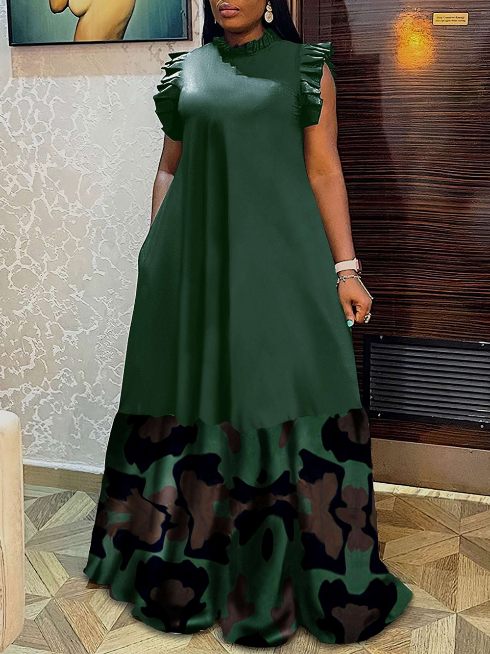 Sleeveless Ruffle Leopard Patchwork Maxi Dress