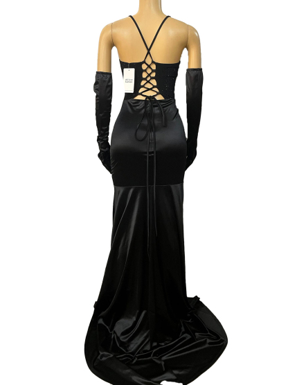 Sequin Pleated Lace-Up Slit Maxi Dress with Gloves