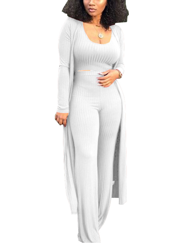 Three Pieces Set Crop Top Long Kimono Cardigan Pants