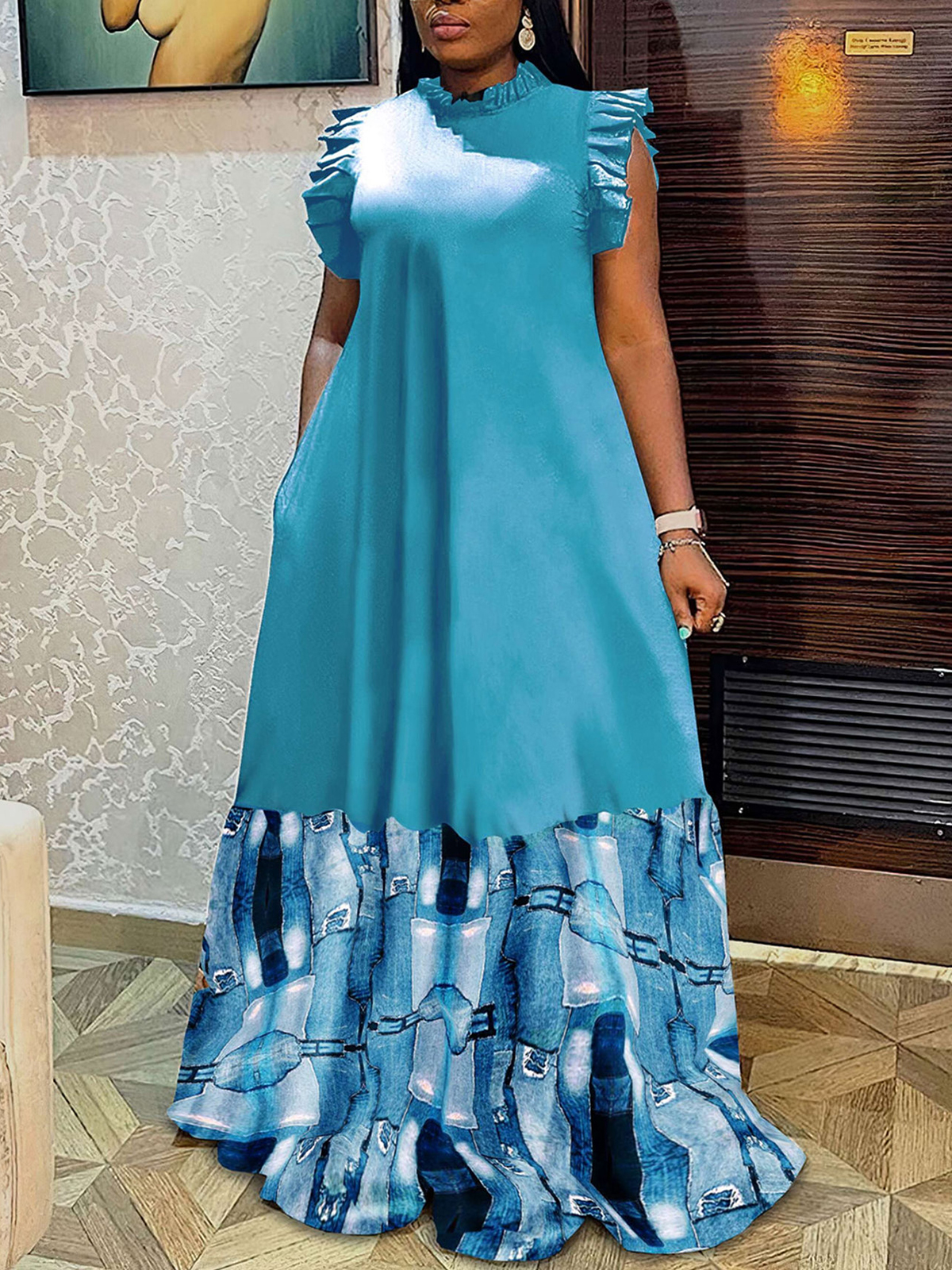 Sleeveless Ruffle Leopard Patchwork Maxi Dress