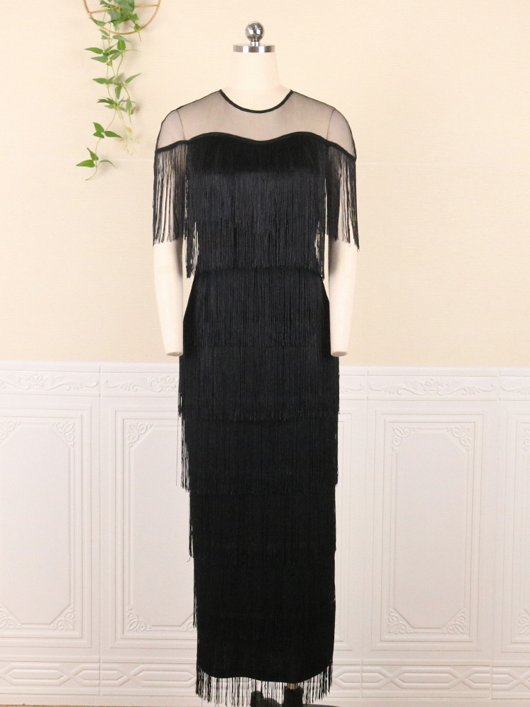 Plus Size Mesh Side Slit Tassel Fringe Dress