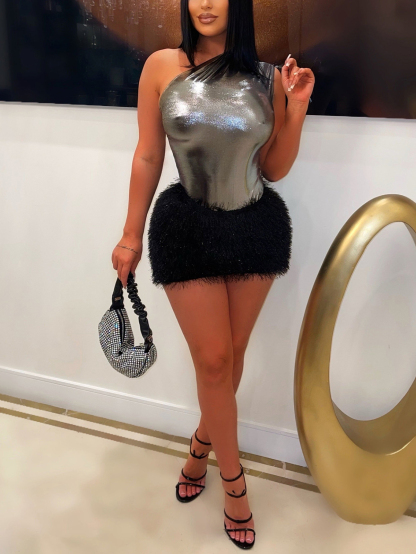 One Shoulder Shimmering Knit Bodycon Mini Dress