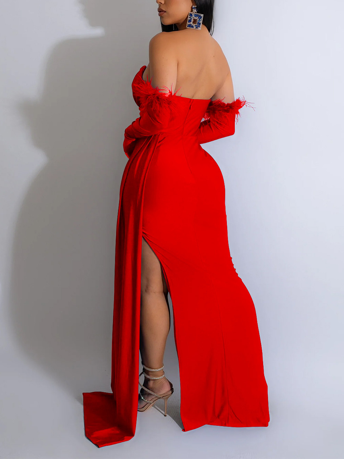 Off Shoulder Pleated Feather Slit Dress