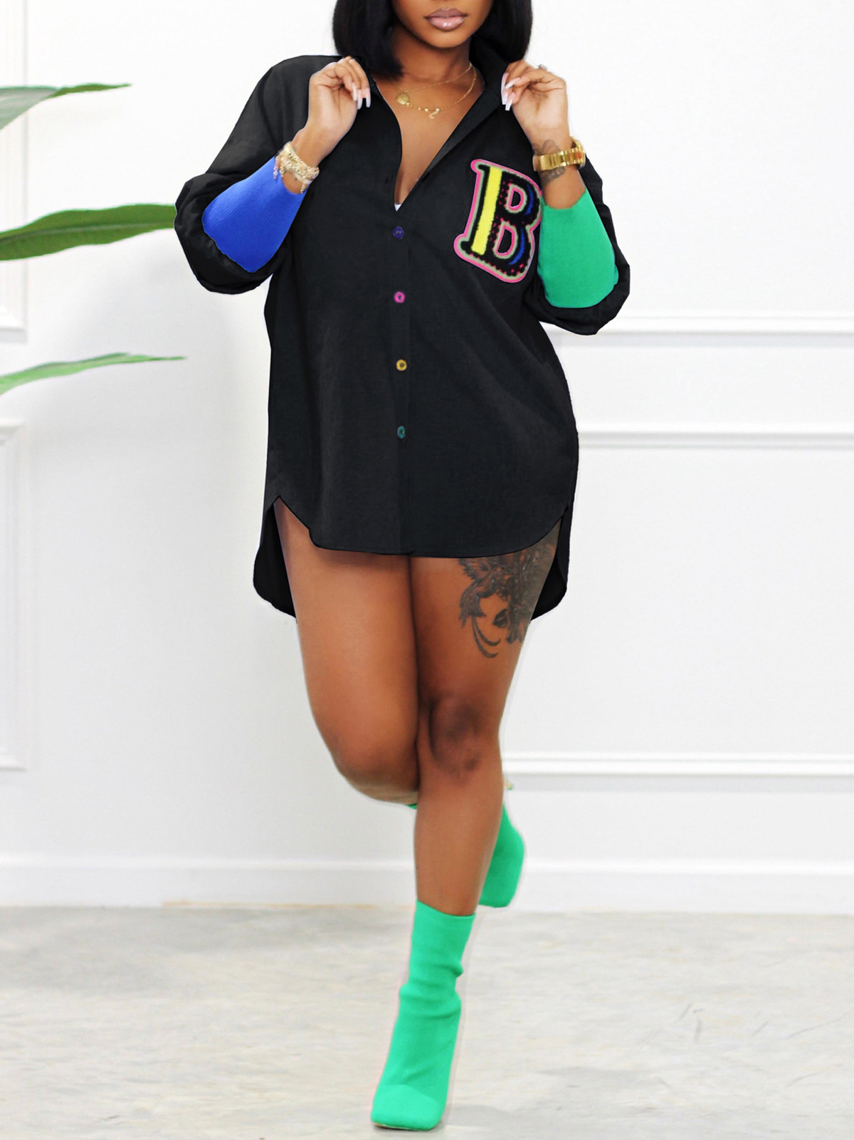 Long Sleeve Patchwork Button Blouse Top