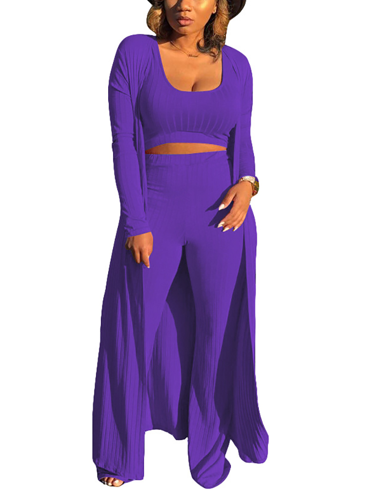 Three Pieces Set Crop Top Long Kimono Cardigan Pants