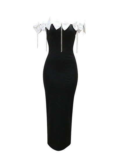 Sleeveless Bowknot Crystal Chain Slit Maxi Dress