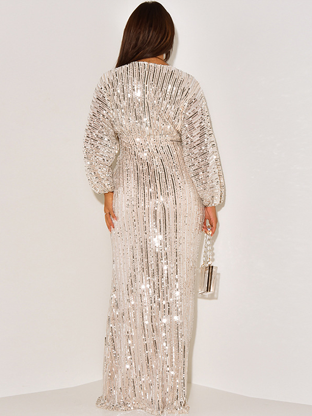Sequin Long Sleeve V-Neck Maxi Dress