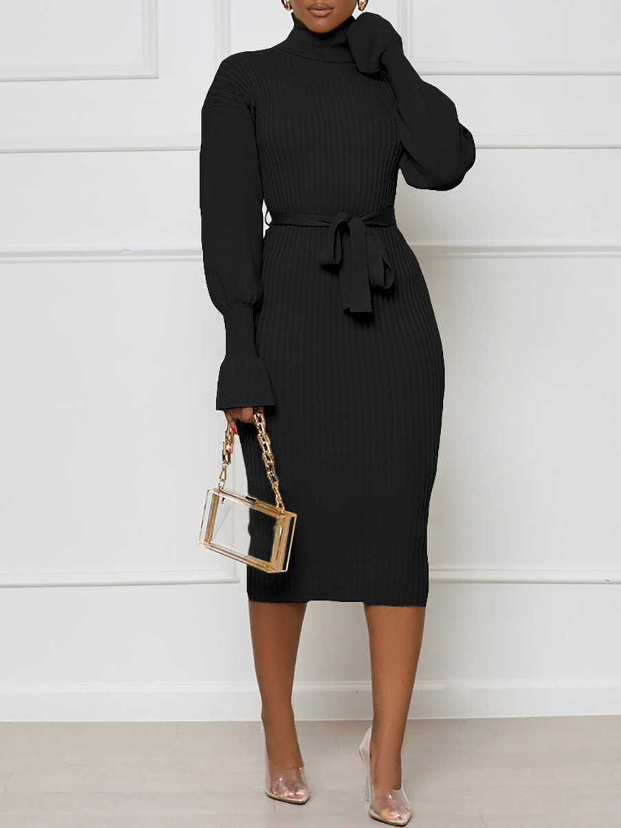 Ribbed Turtleneck Belted Knit Midi Dress | Fall Winter Casual Dresses