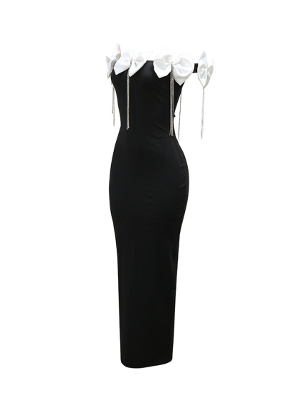 Sleeveless Bowknot Crystal Chain Slit Maxi Dress