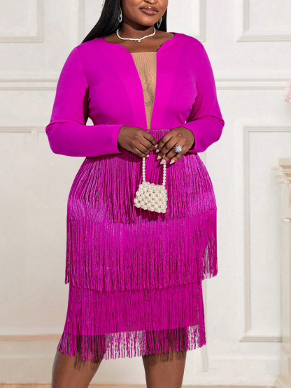 Tassels Long Sleeve Mesh Patchwork Midi Dress