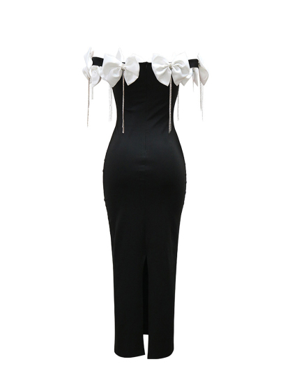 Sleeveless Bowknot Crystal Chain Slit Maxi Dress