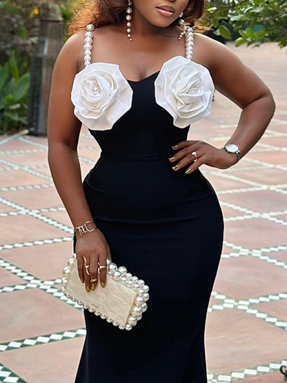 Floral Embellished Pearl Strap Maxi Dress