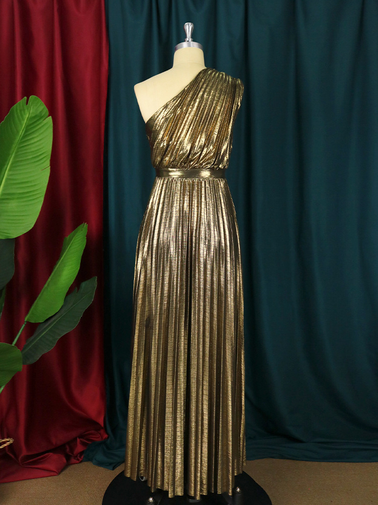 One-Shoulder Glitter Pleated Maxi Dress