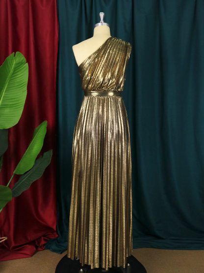 One-Shoulder Glitter Pleated Maxi Dress