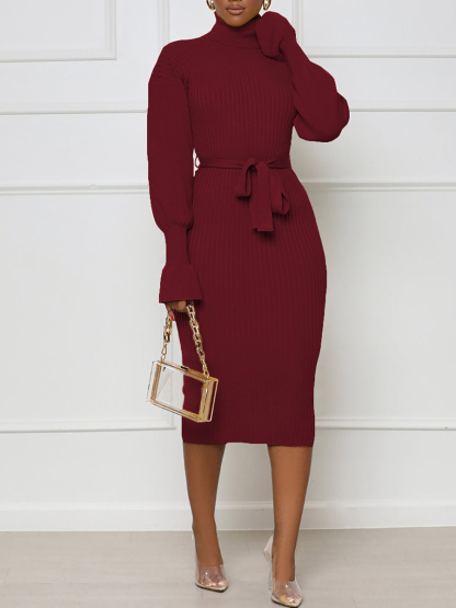 Ribbed Turtleneck Belted Knit Midi Dress