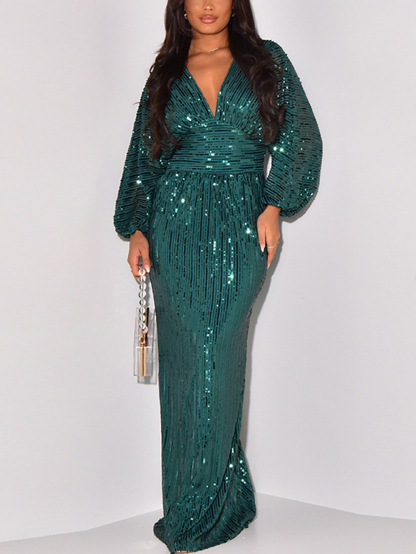 Sequin Long Sleeve V-Neck Maxi Dress