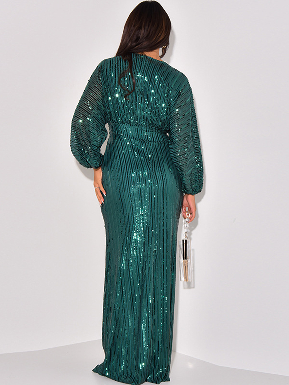 Sequin Long Sleeve V-Neck Maxi Dress