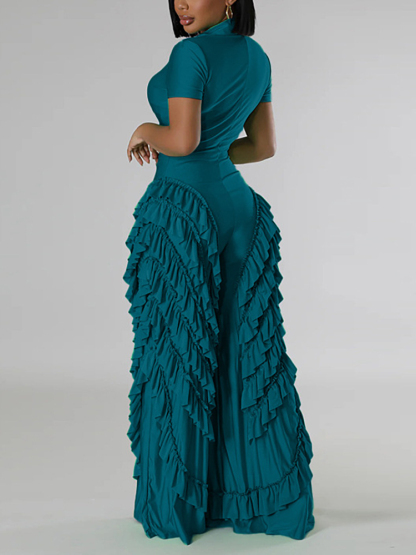Two Pieces Short Sleeve Ruffle Trim Jumpsuit