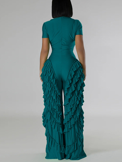 Two Pieces Short Sleeve Ruffle Trim Jumpsuit