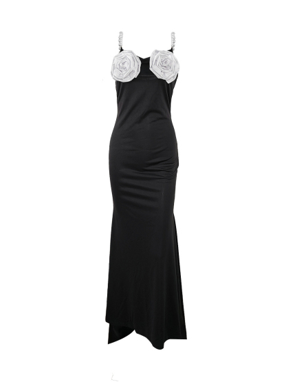 Floral Embellished Pearl Strap Maxi Dress