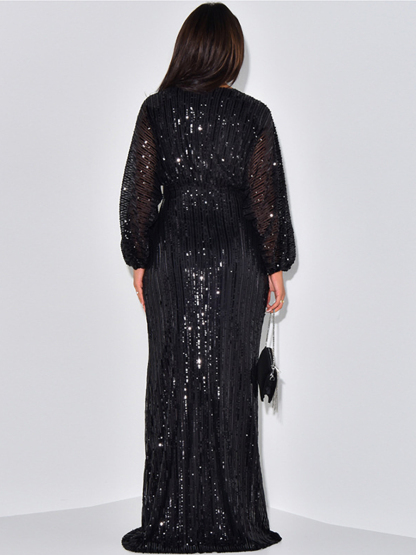 Sequin Long Sleeve V-Neck Maxi Dress