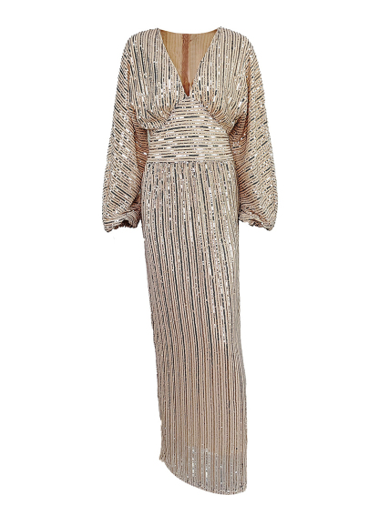 Sequin Long Sleeve V-Neck Maxi Dress