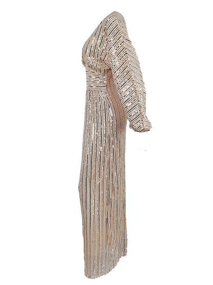 Sequin Long Sleeve V-Neck Maxi Dress