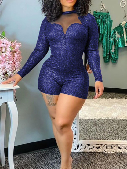 Long Sleeve Glitter High Neck Short Jumpsuit