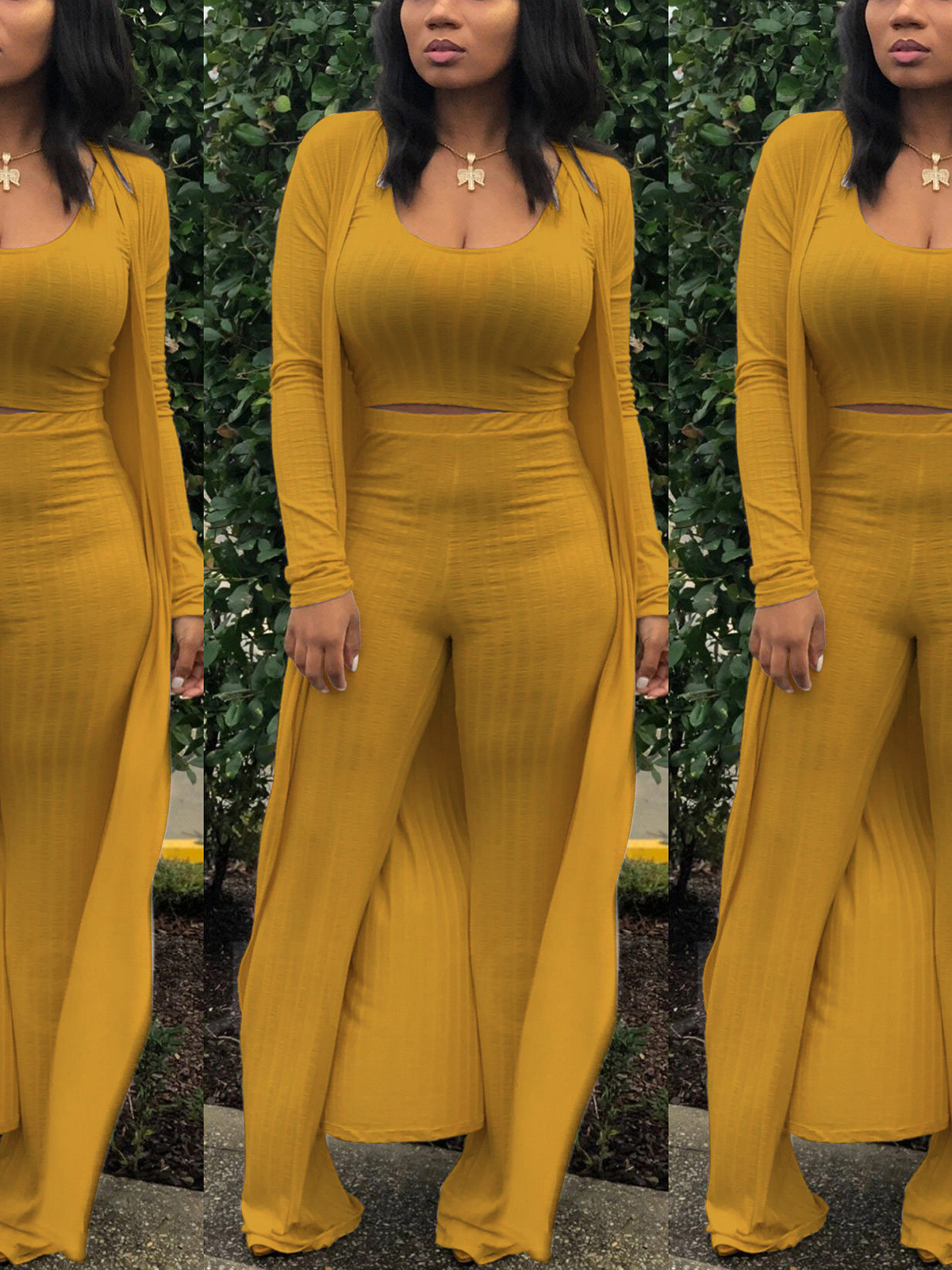 Three Pieces Set Crop Top Long Kimono Cardigan Pants