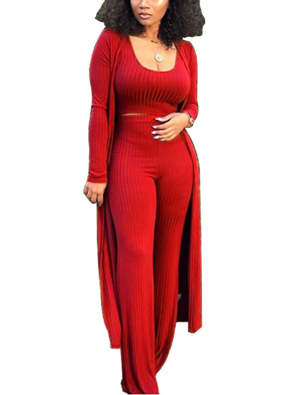 Three Pieces Set Crop Top Long Kimono Cardigan Pants